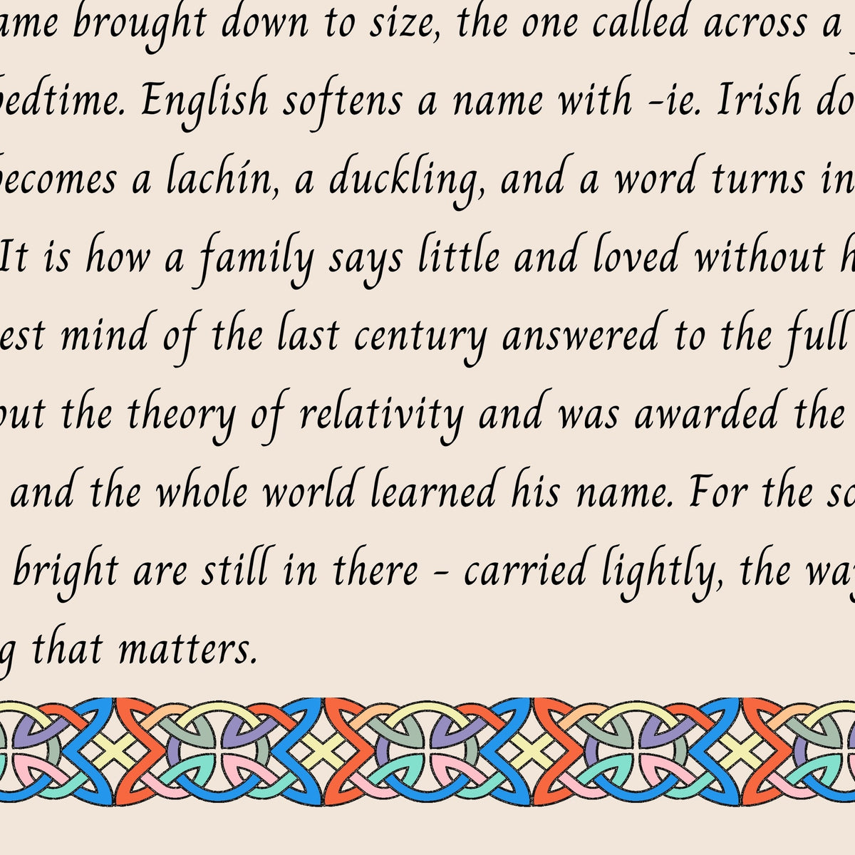 Closeup of the story text and Celtic knotwork border on the Albie name print