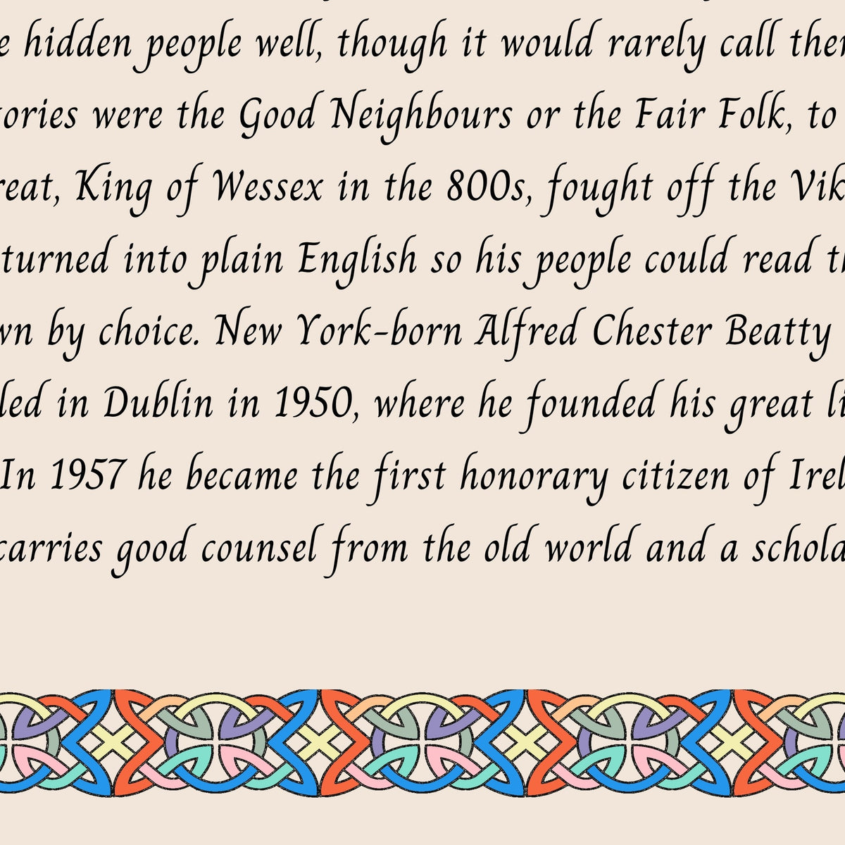 Closeup of the story text and Celtic knotwork border on the Alfred name print