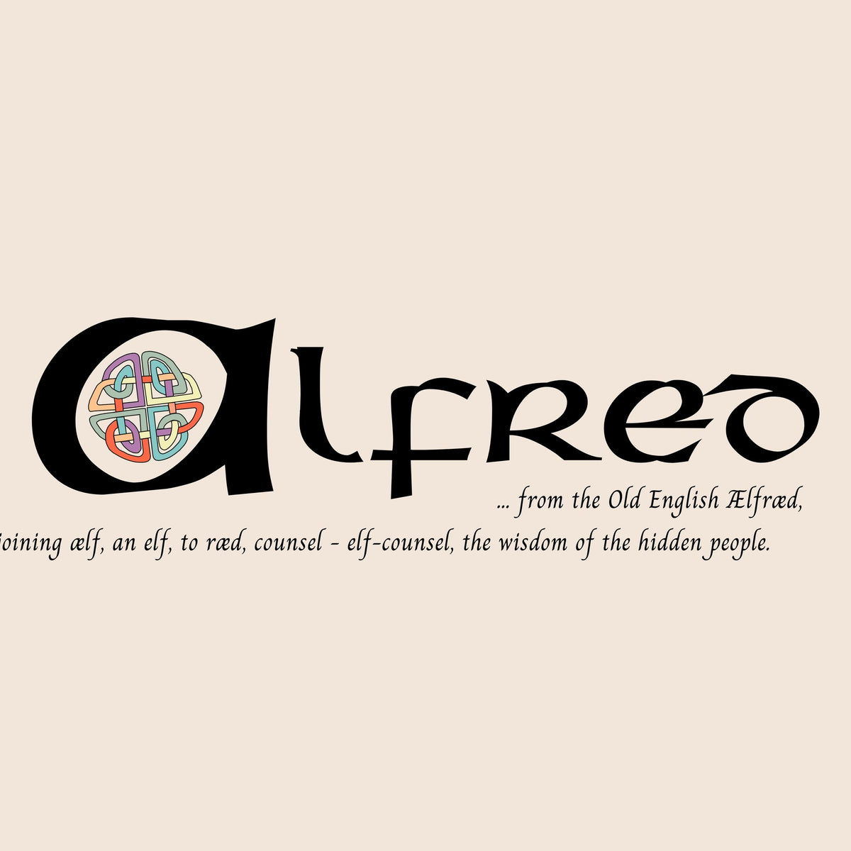 Closeup of the name Alfred in Celtic calligraphy with decorated capital