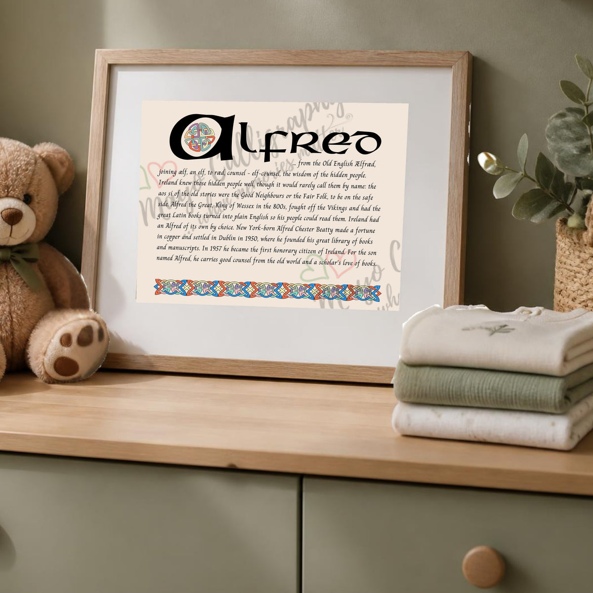 Alfred Celtic name print in a wooden frame on a dresser with a teddy bear