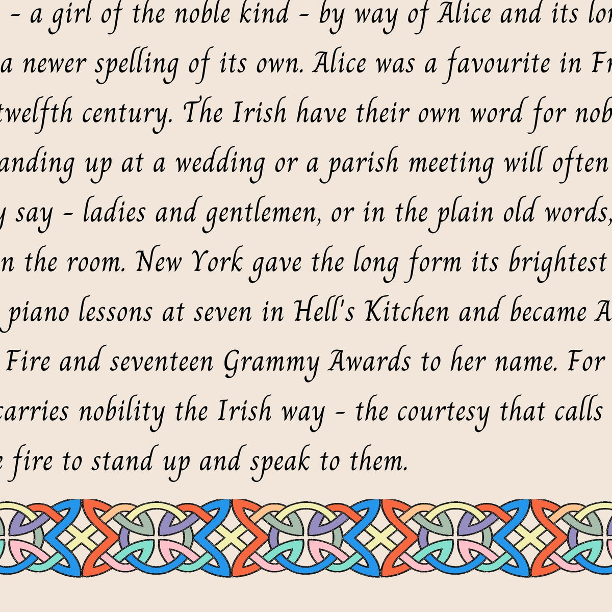 Closeup of the story text and Celtic knotwork border on the Alisha name print