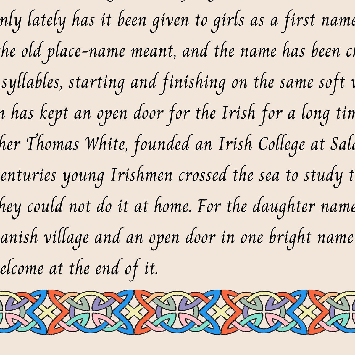 Closeup of the story text and Celtic knotwork border on the Anaya name print