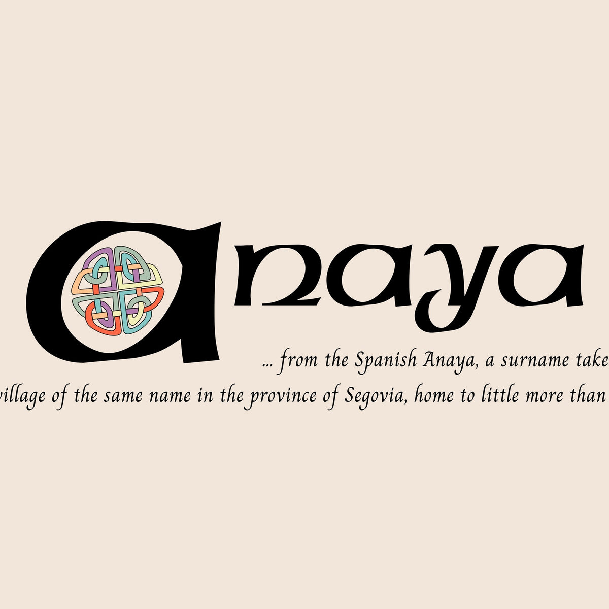 Closeup of the name Anaya in Celtic calligraphy with decorated capital