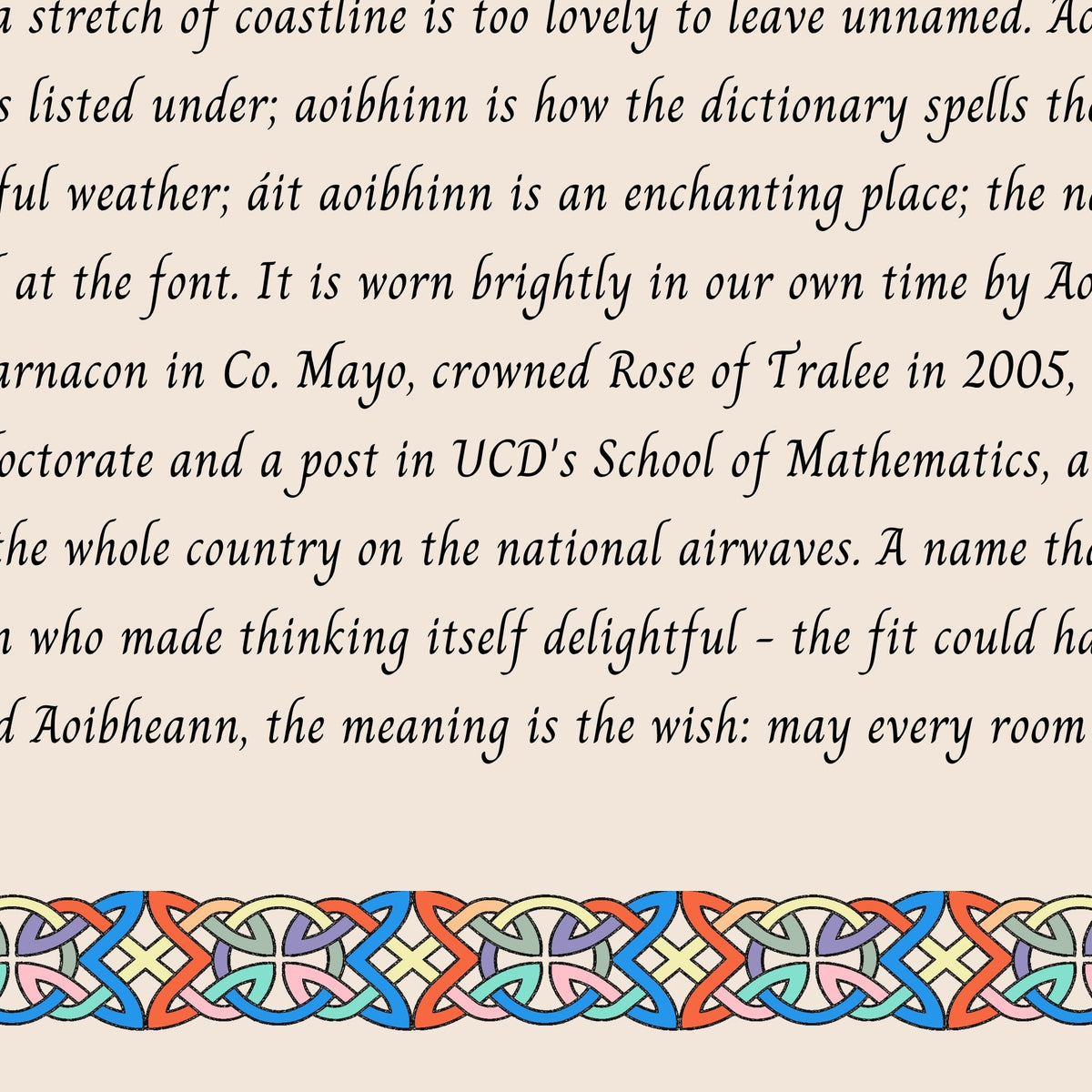 Closeup of the story text and Celtic knotwork border on the Aoibheann name print