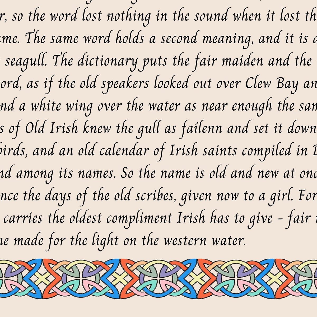 Closeup of the story text and Celtic knotwork border on the Aoileann name print