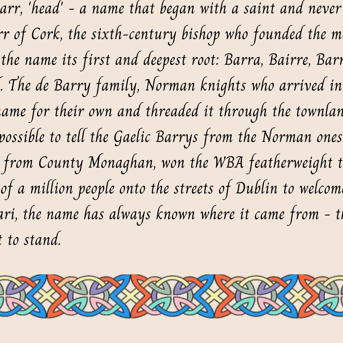 Closeup of the story text and Celtic knotwork border on the Bari name print