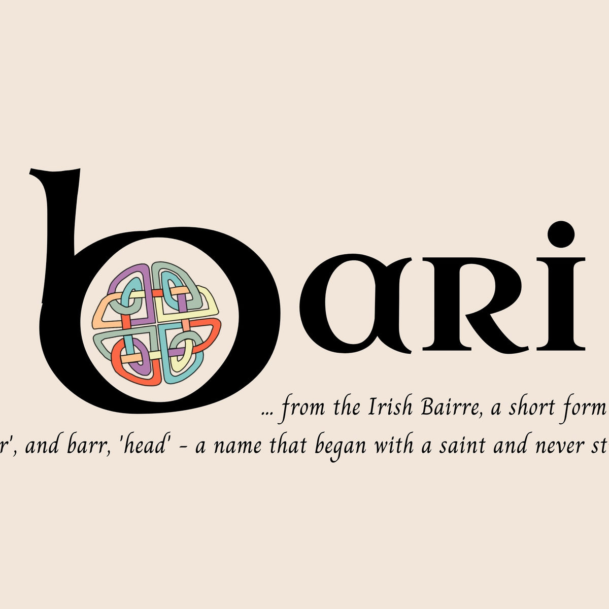 Closeup of the name Bari in Celtic calligraphy with decorated capital