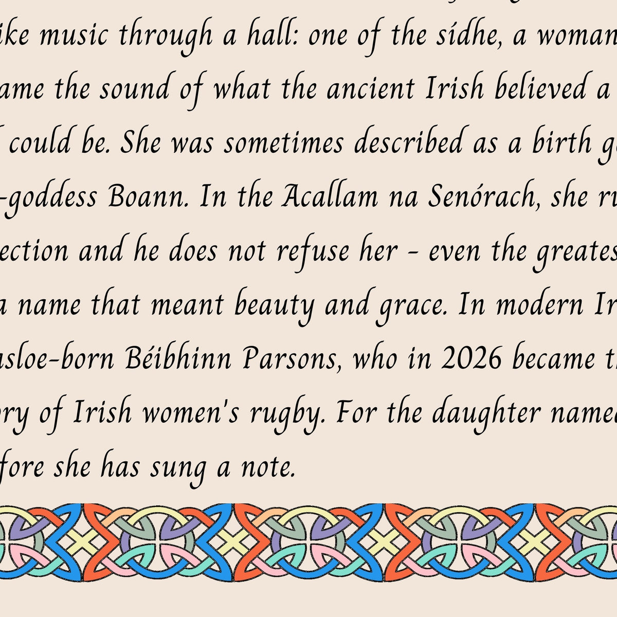 Closeup of the story text and Celtic knotwork border on the Bébhinn name print