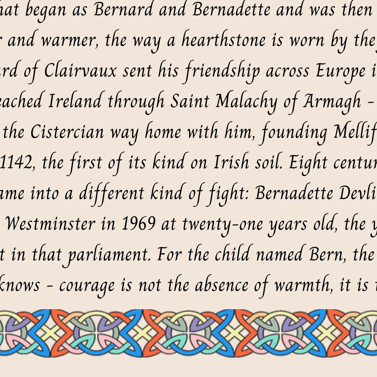 Closeup of the story text and Celtic knotwork border on the Bern name print