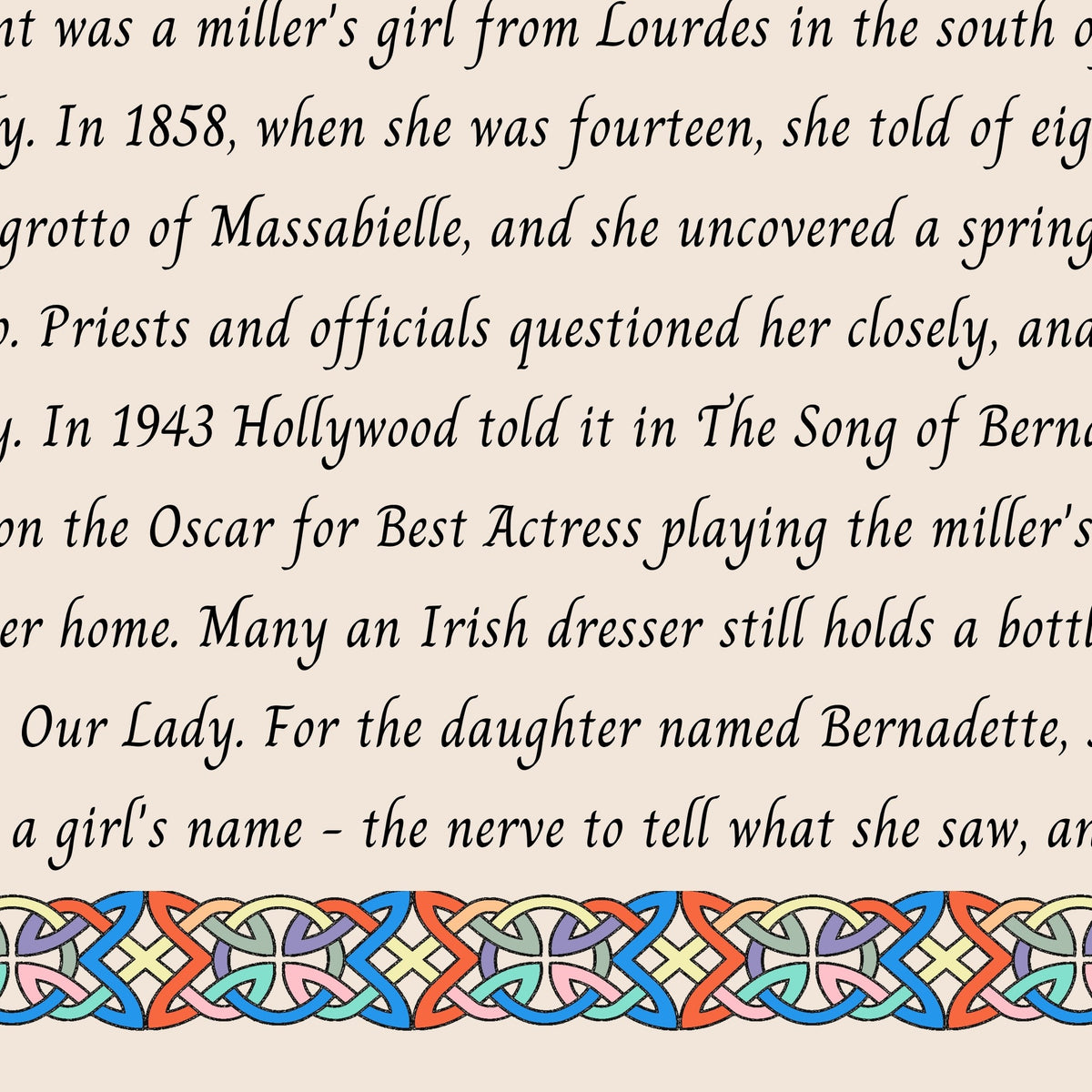 Closeup of the story text and Celtic knotwork border on the Bernadette name print