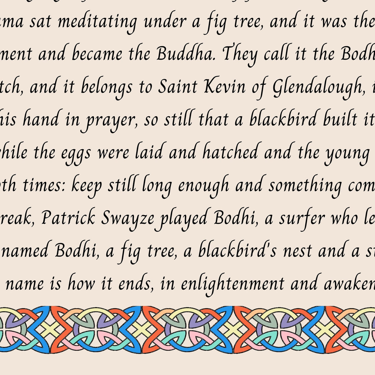 Closeup of the story text and Celtic knotwork border on the Bodhi name print