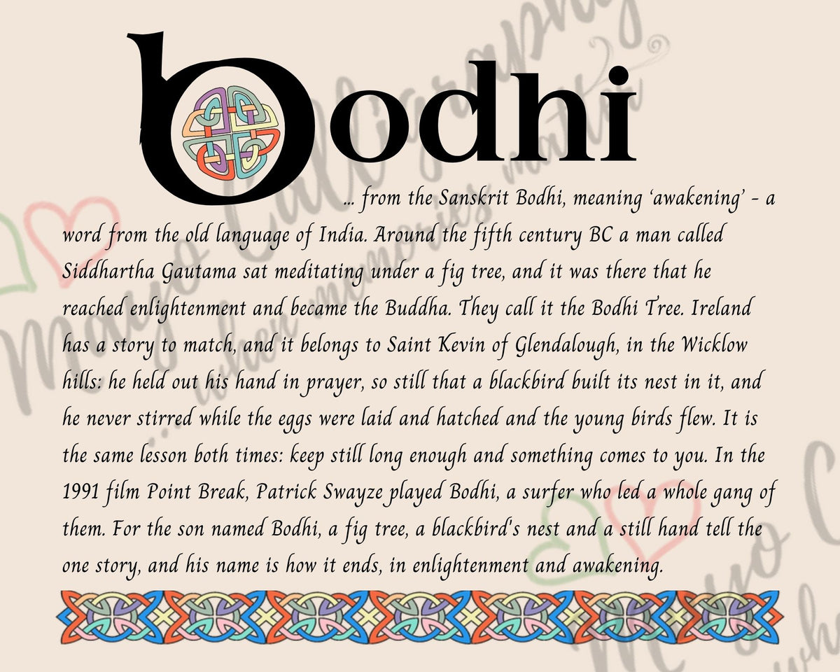 Celtic name print for Bodhi - designed in Celtic Uncial script with original Celtic knotwork border, meaning 'awakening', the word for the Buddha's awakening under the fig tree, matched in Ireland by Saint Kevin of Glendalough and his blackbird, fine art print by Mayo Calligraphy