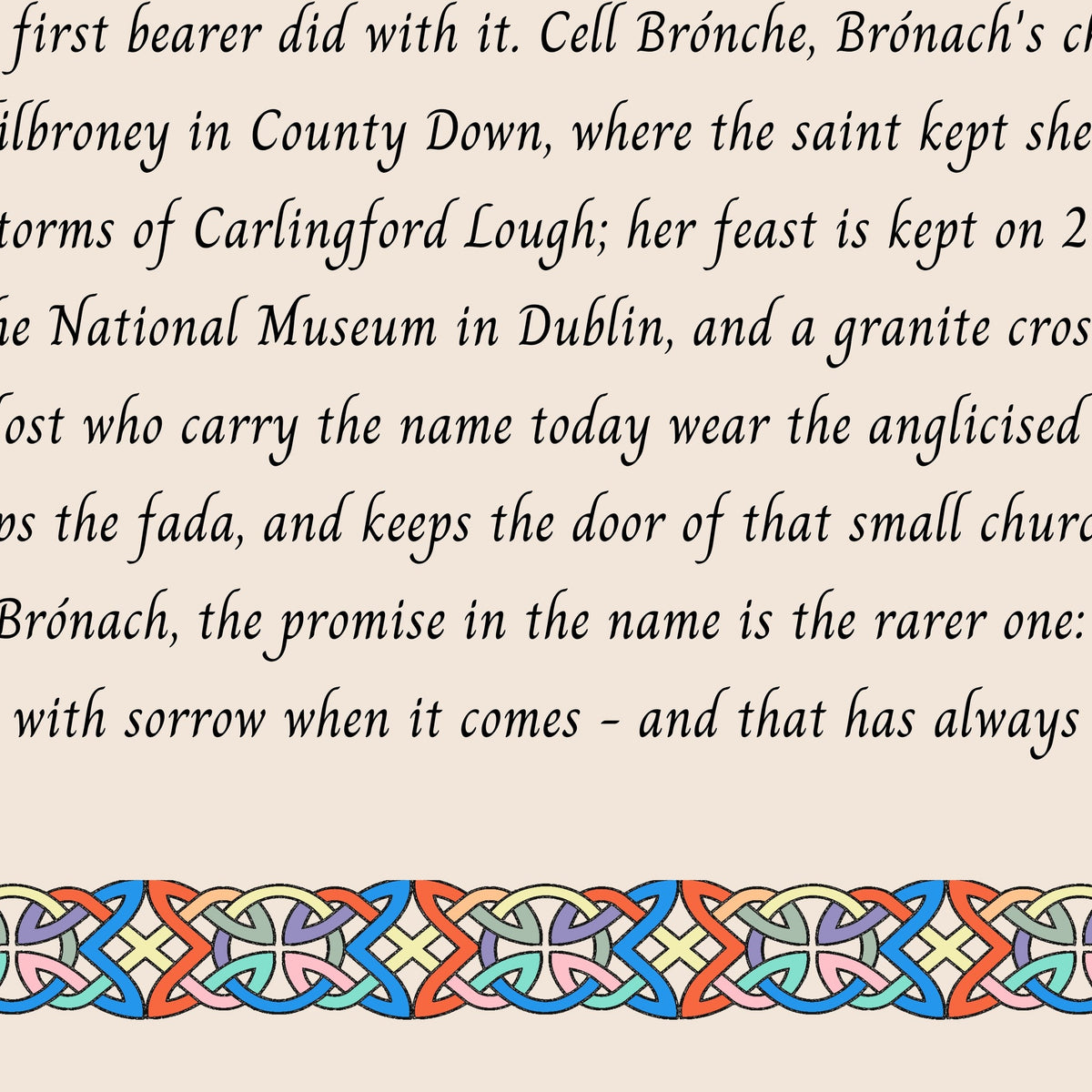Closeup of the story text and Celtic knotwork border on the Brónach name print
