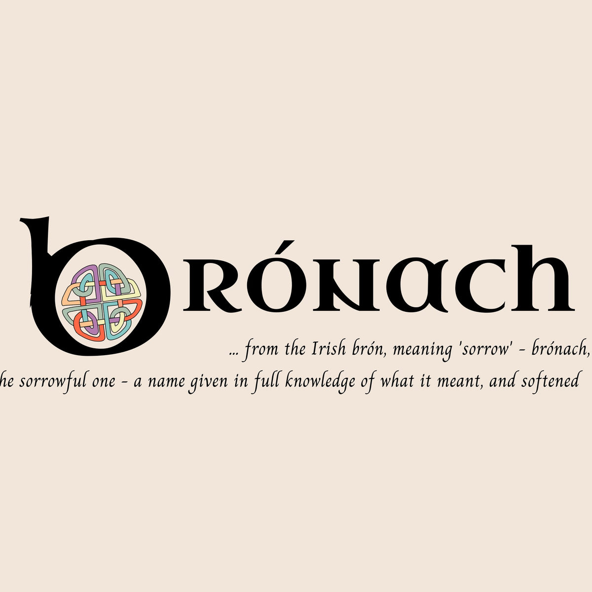 Closeup of the name Brónach in Celtic calligraphy with decorated capital