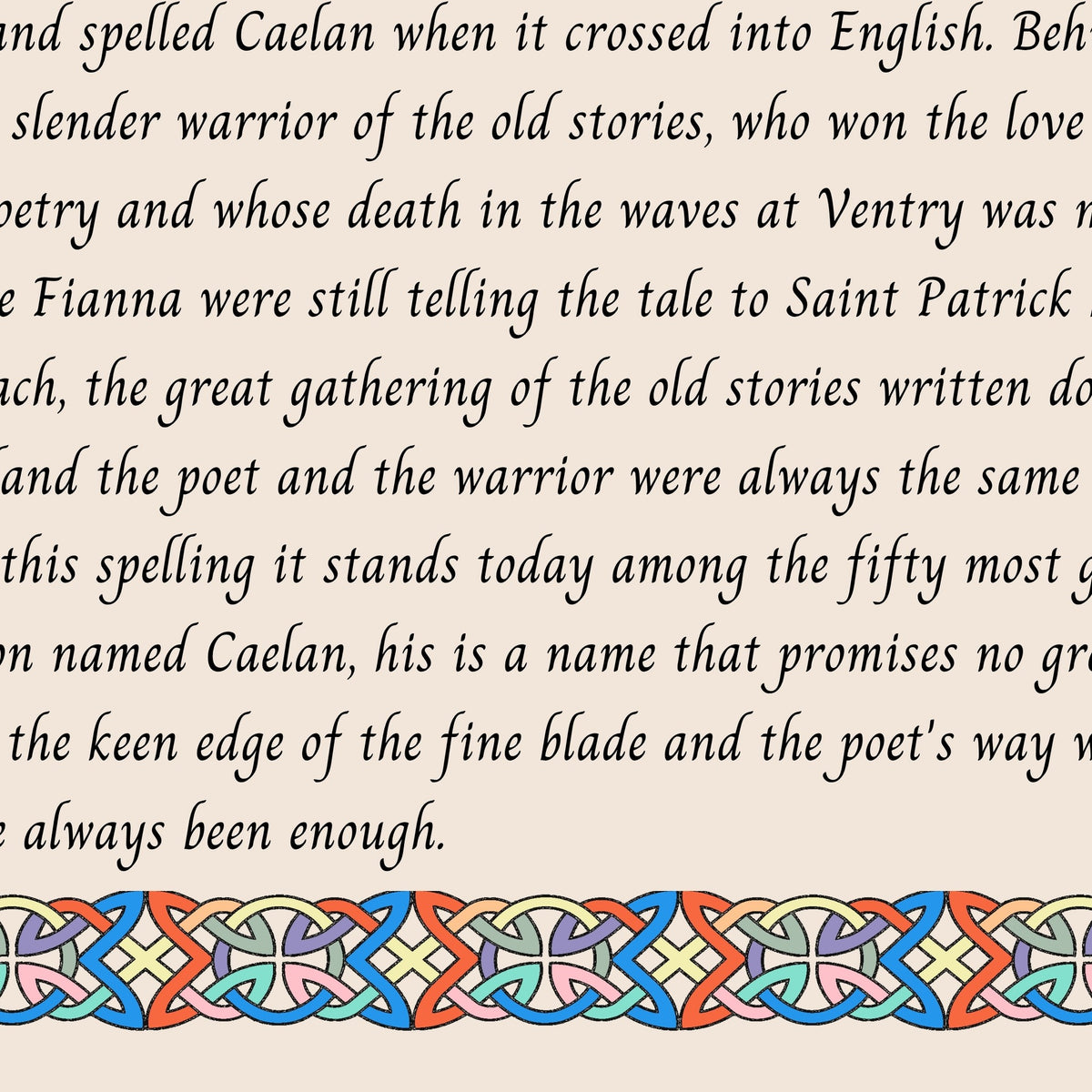 Closeup of the story text and Celtic knotwork border on the Caelan name print