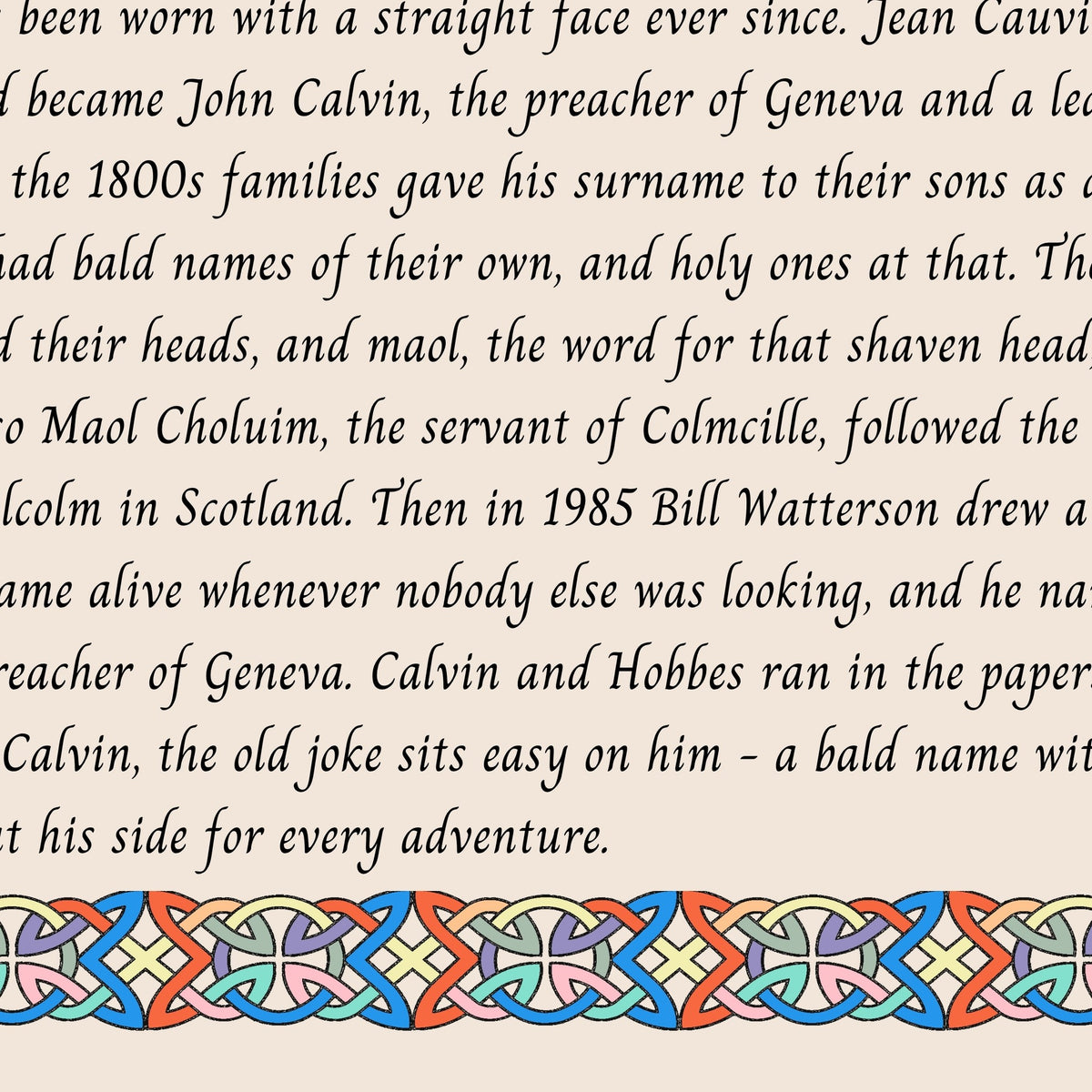 Closeup of the story text and Celtic knotwork border on the Calvin name print