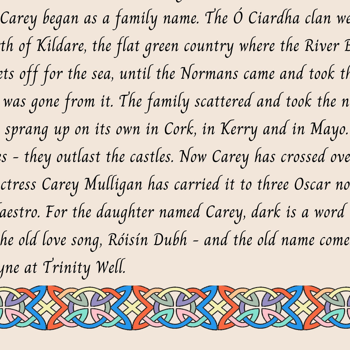 Closeup of the story text and Celtic knotwork border on the Carey name print