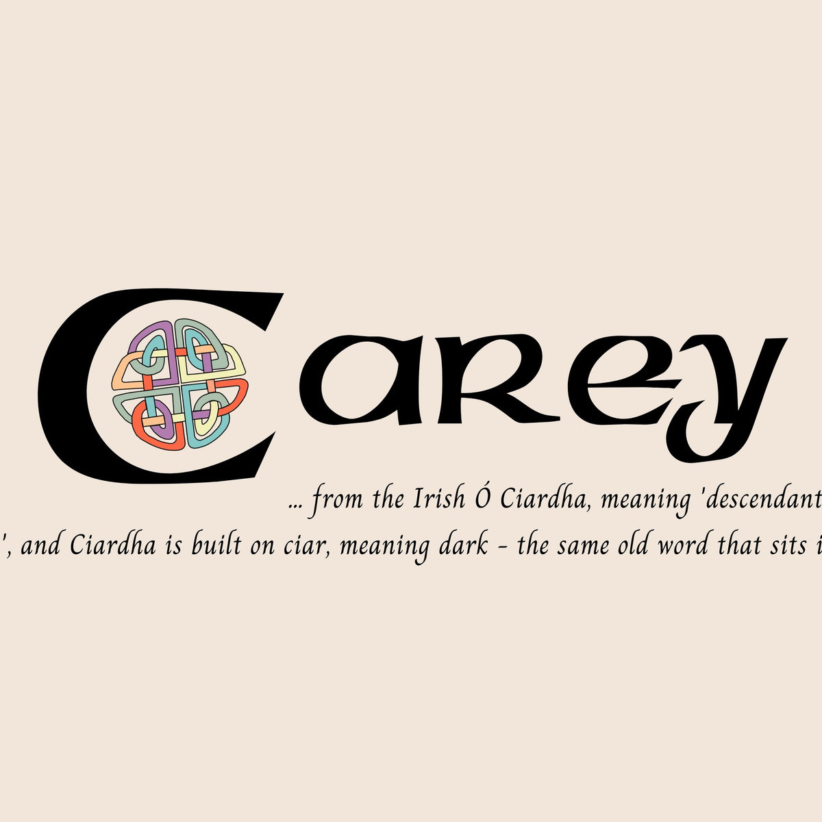 Closeup of the name Carey in Celtic calligraphy with decorated capital