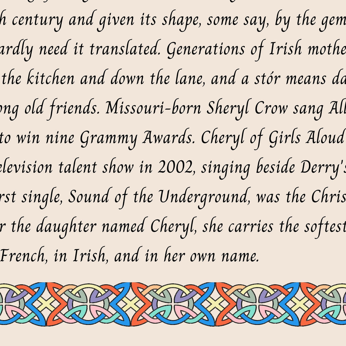 Closeup of the story text and Celtic knotwork border on the Cheryl name print