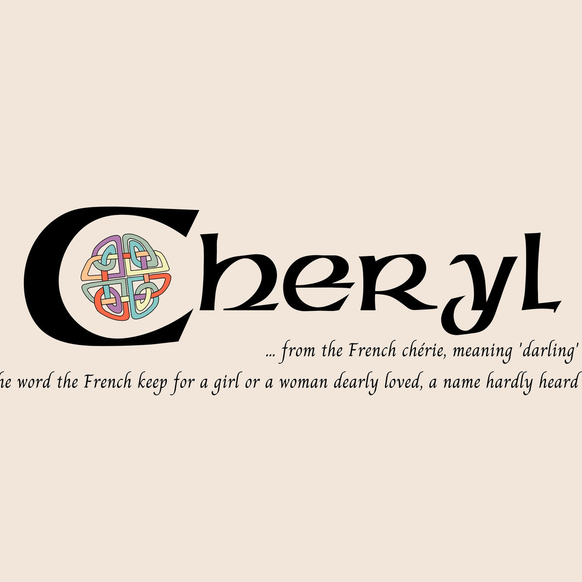 Closeup of the name Cheryl in Celtic calligraphy with decorated capital