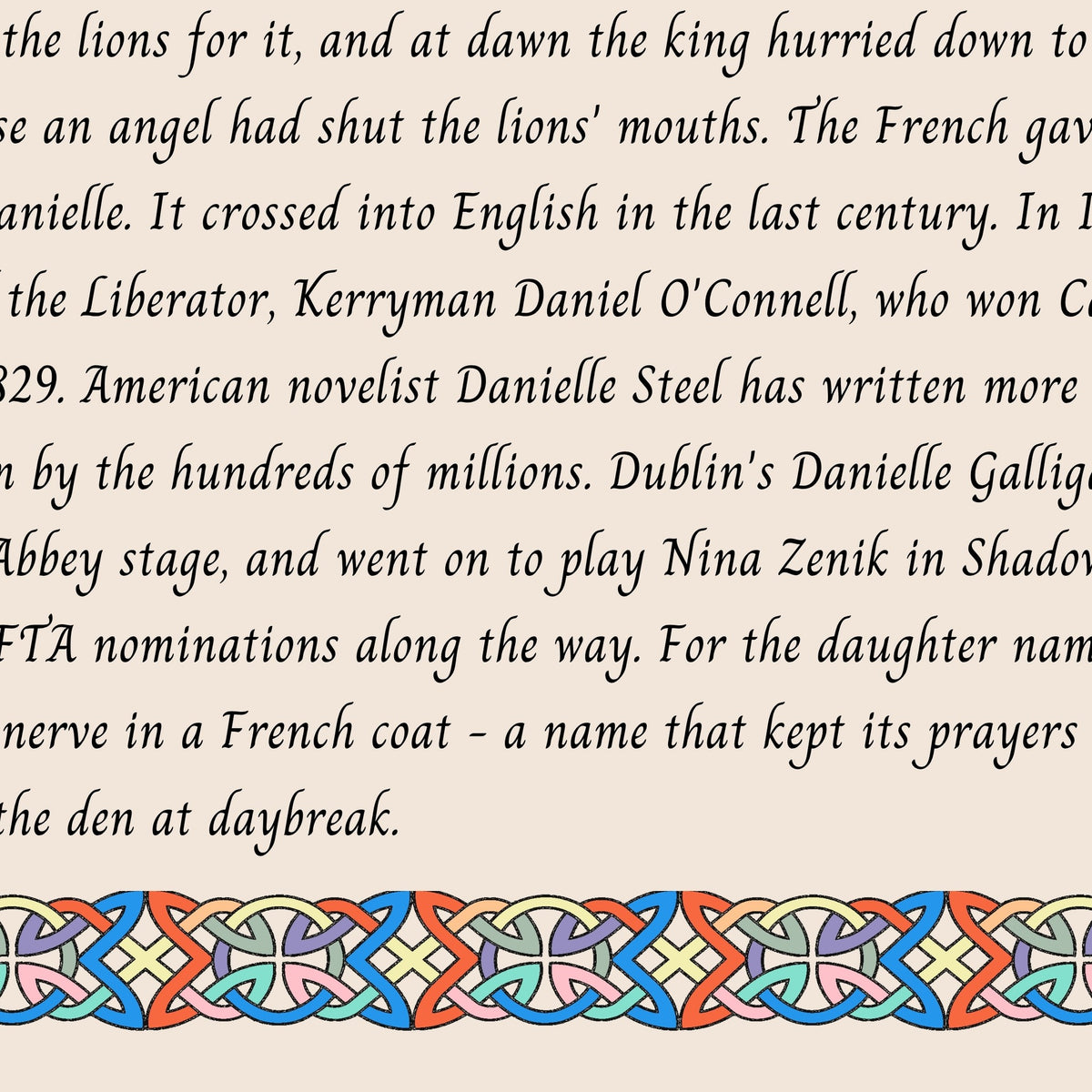 Closeup of the story text and Celtic knotwork border on the Danielle name print