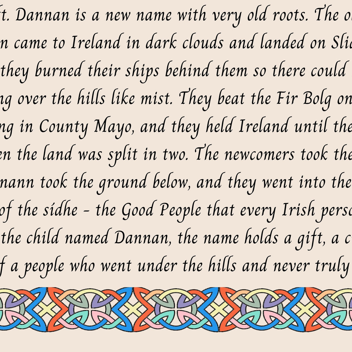 Closeup of the story text and Celtic knotwork border on the Dannan name print