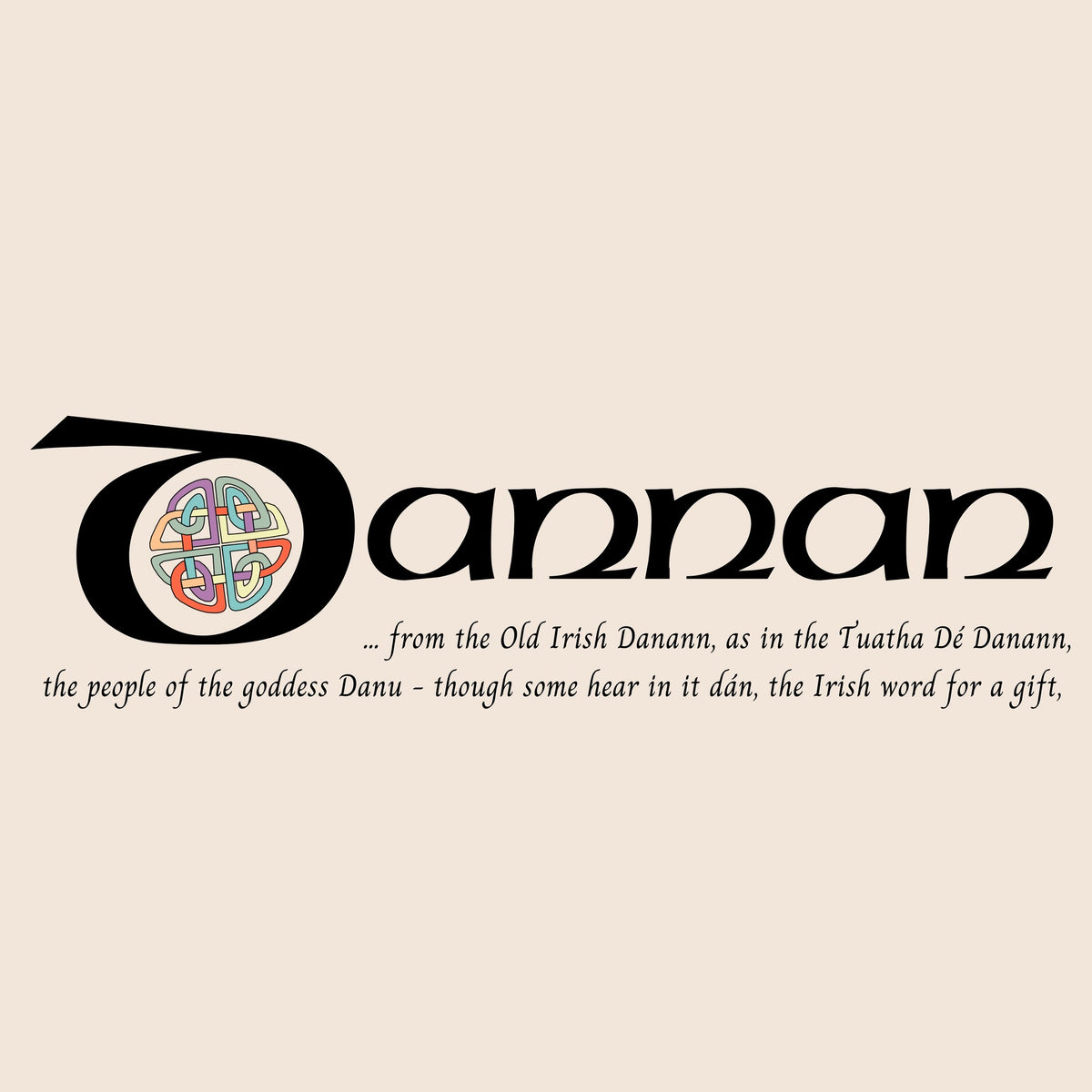 Closeup of the name Dannan in Celtic calligraphy with decorated capital