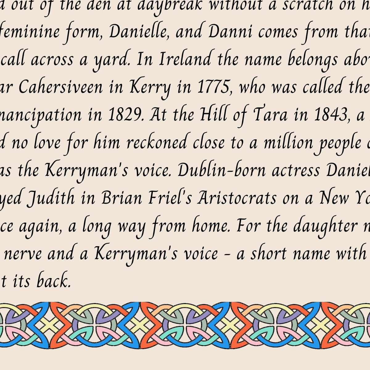 Closeup of the story text and Celtic knotwork border on the Danni name print