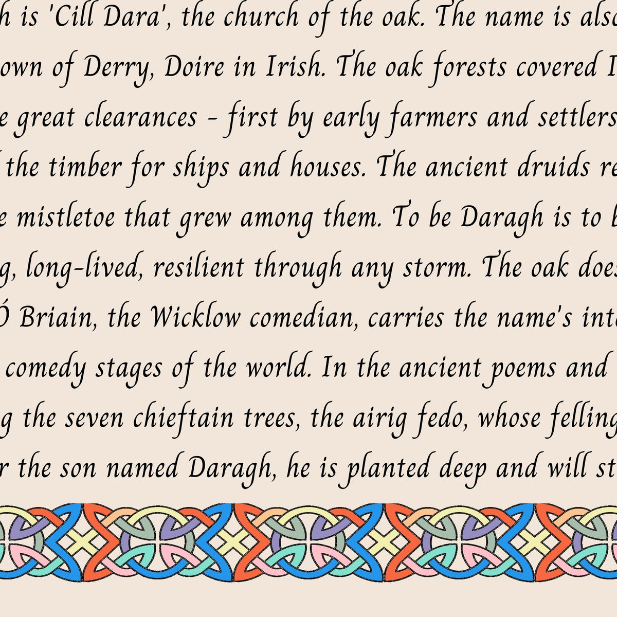 Closeup of the story text and Celtic knotwork border on the Daragh name print