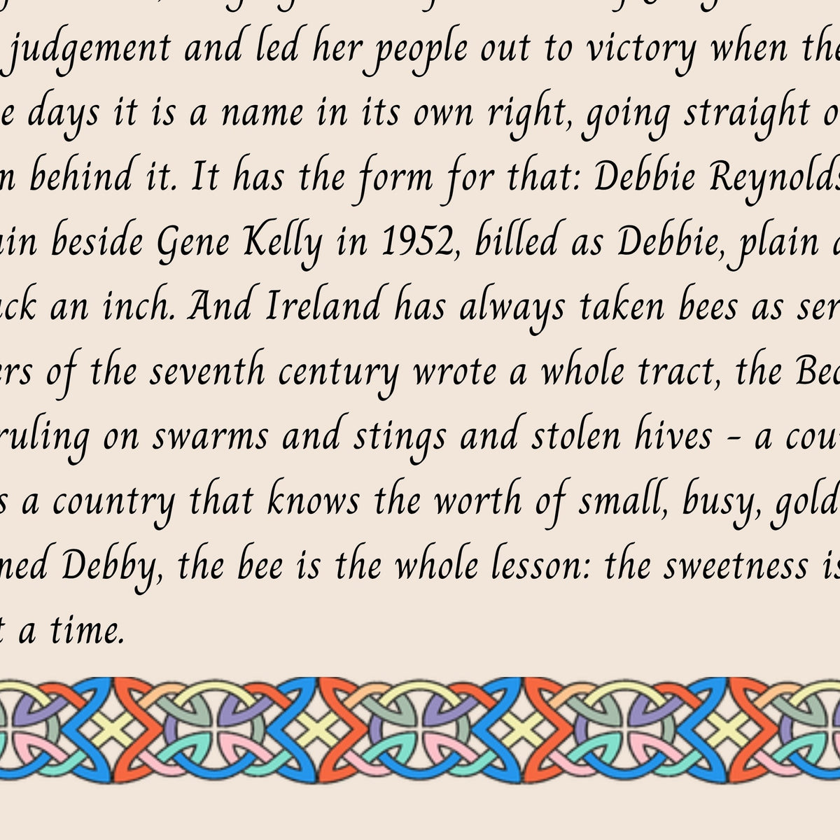Closeup of the story text and Celtic knotwork border on the Debby name print
