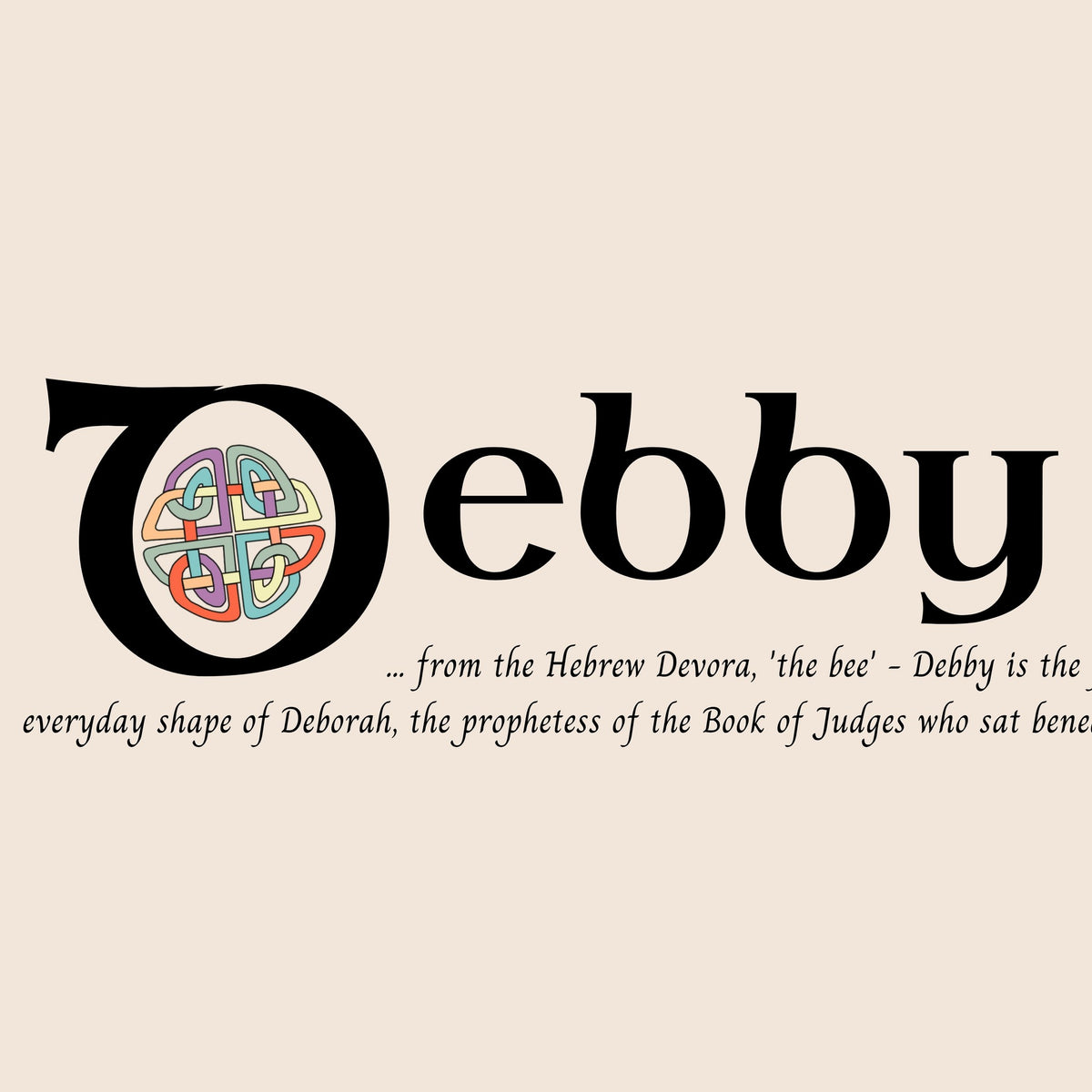 Closeup of the name Debby in Celtic calligraphy with decorated capital