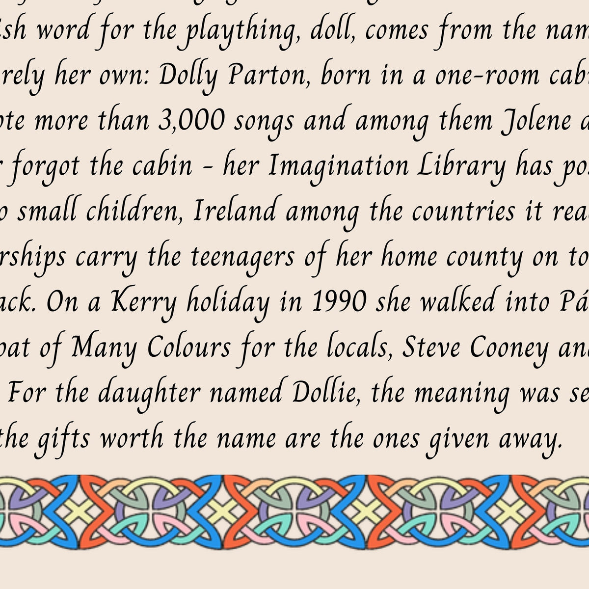 Closeup of the story text and Celtic knotwork border on the Dollie name print