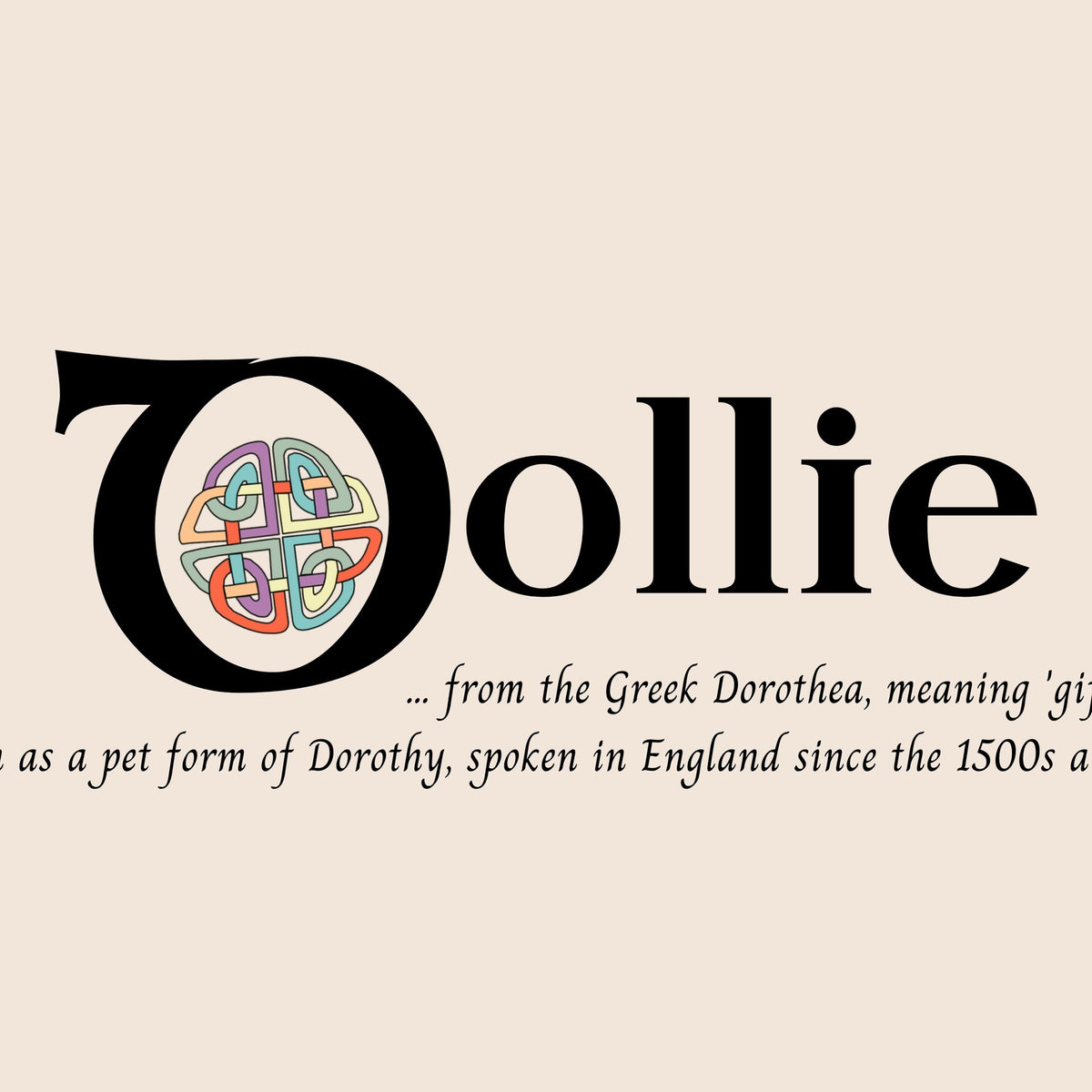 Closeup of the name Dollie in Celtic calligraphy with decorated capital