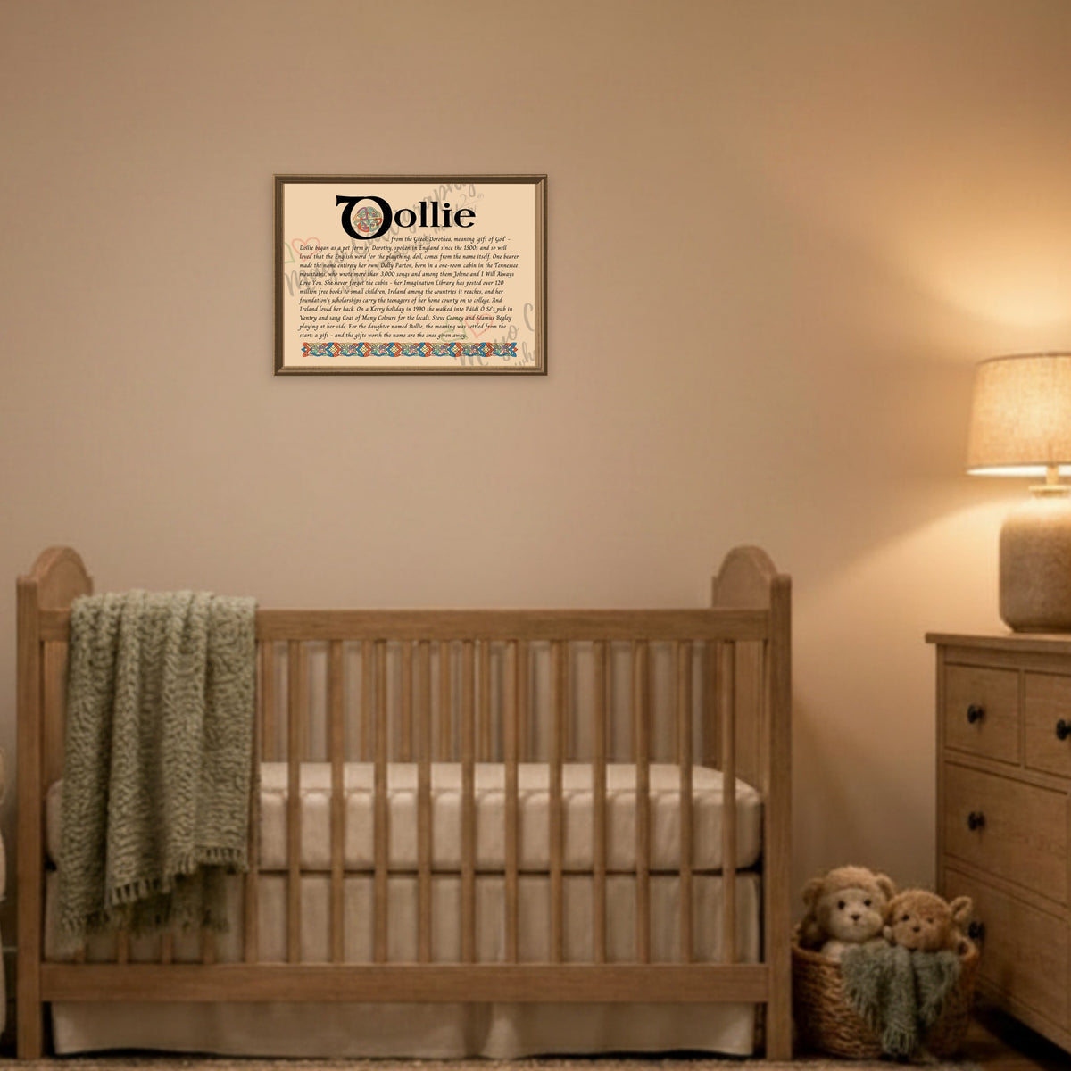 Dollie Celtic name print framed above a cot in a warm nursery