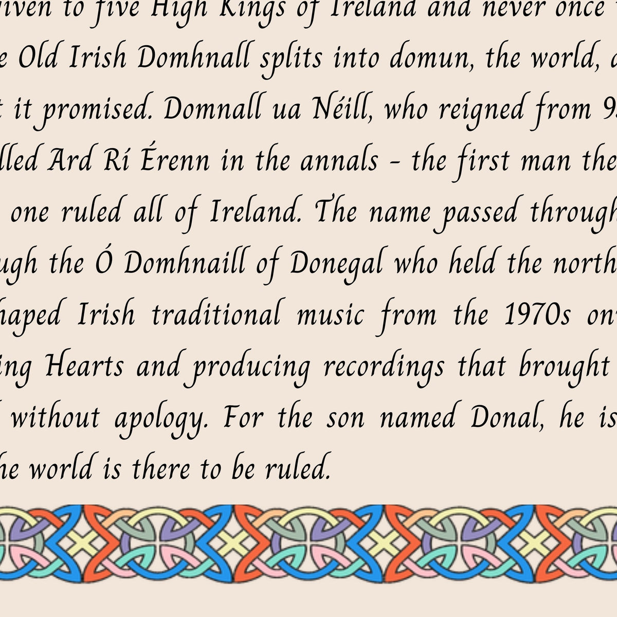 Closeup of the story text and Celtic knotwork border on the Donal name print