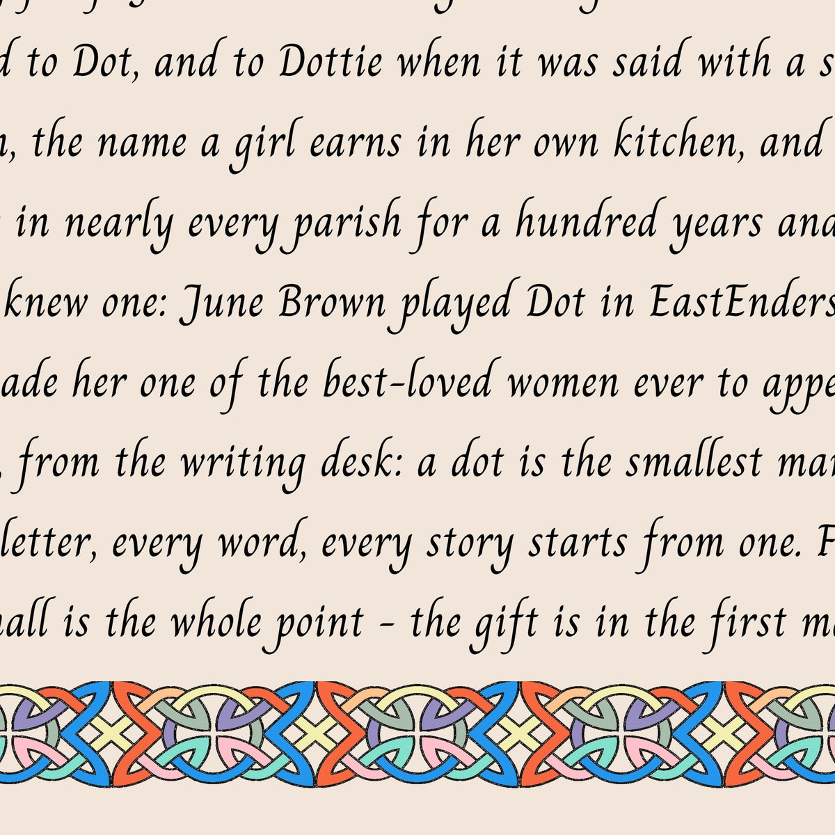 Closeup of the story text and Celtic knotwork border on the Dottie name print