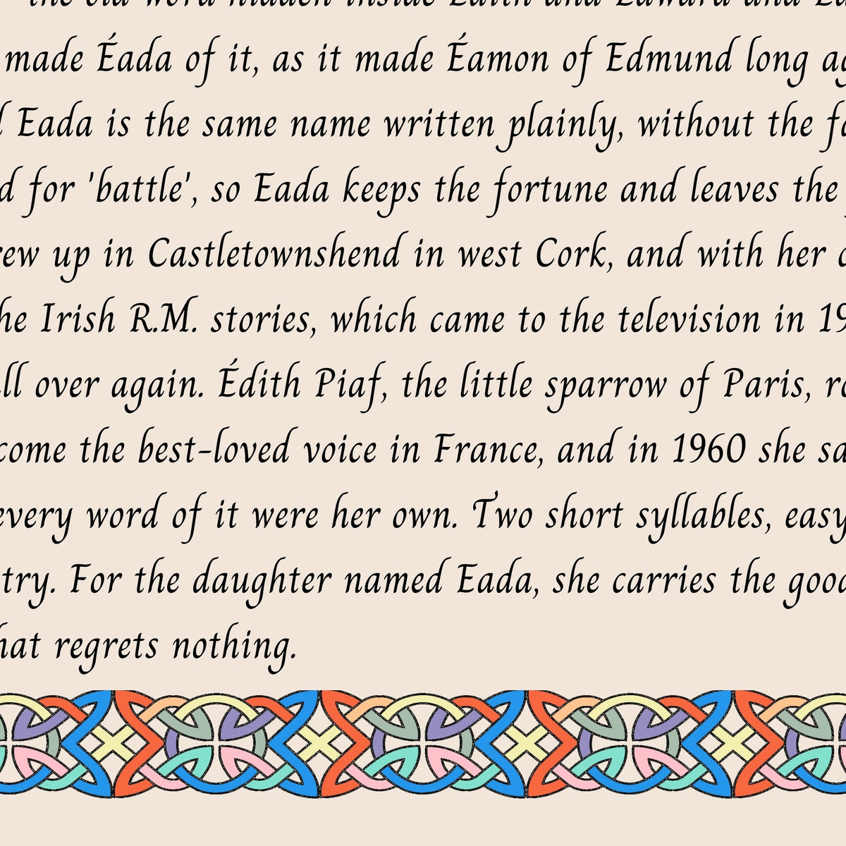 Closeup of the story text and Celtic knotwork border on the Eada name print