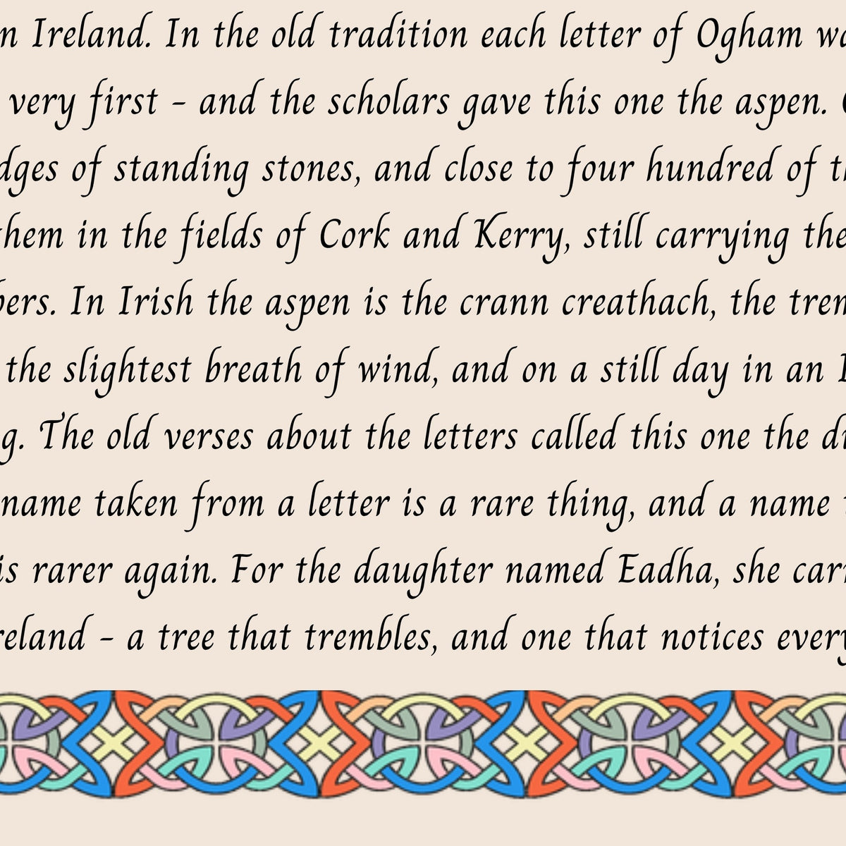 Closeup of the story text and Celtic knotwork border on the Eadha name print