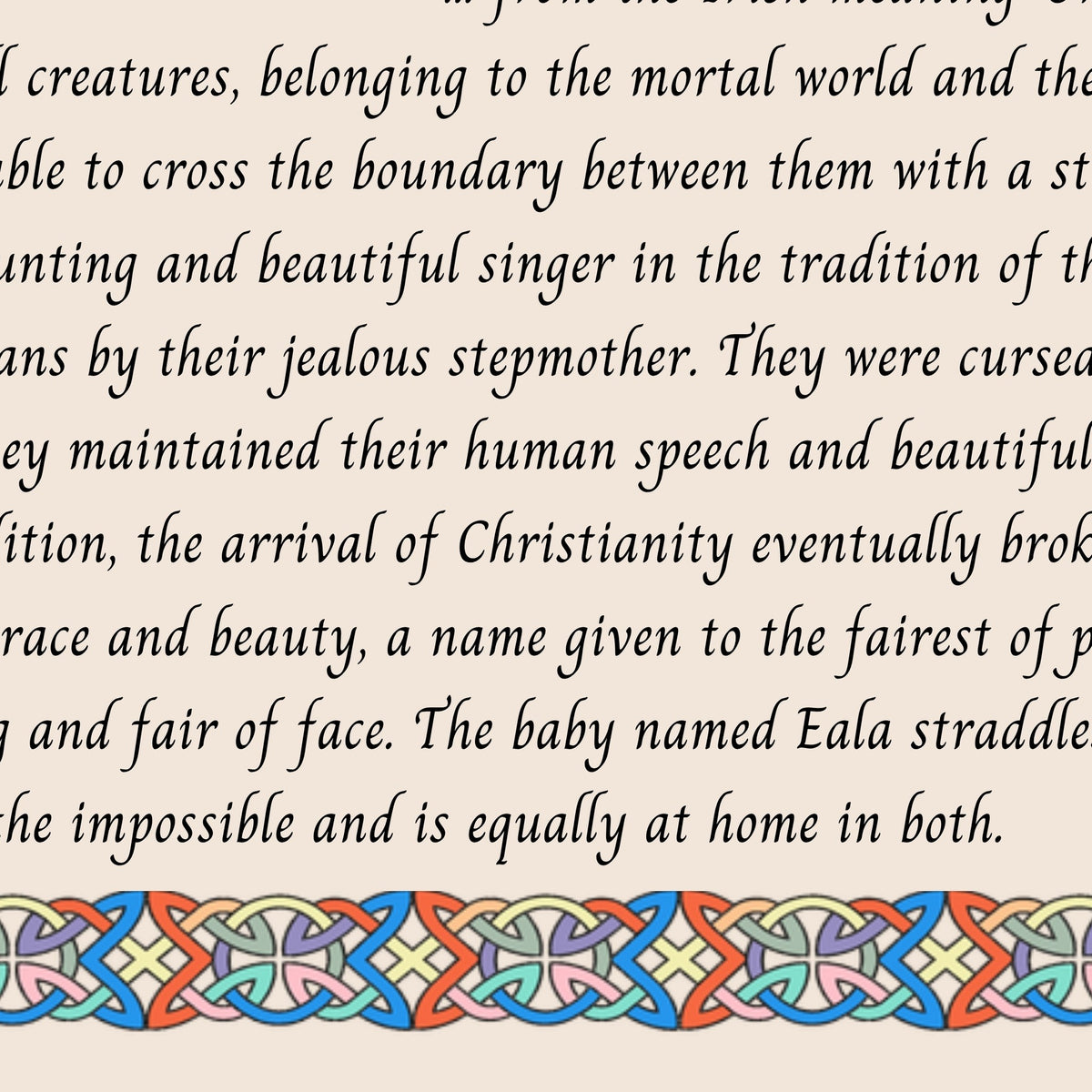 Closeup of the story text and Celtic knotwork border on the Eala name print