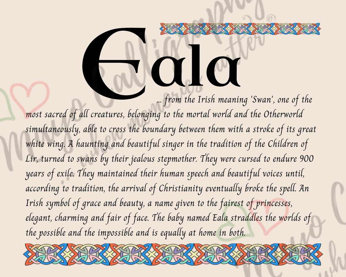 Celtic name print for Eala - designed in Celtic Uncial script with original Celtic knotwork border, meaning 'swan', the swan of the Children of Lir, who kept their voices through nine hundred years of exile, fine art print by Mayo Calligraphy