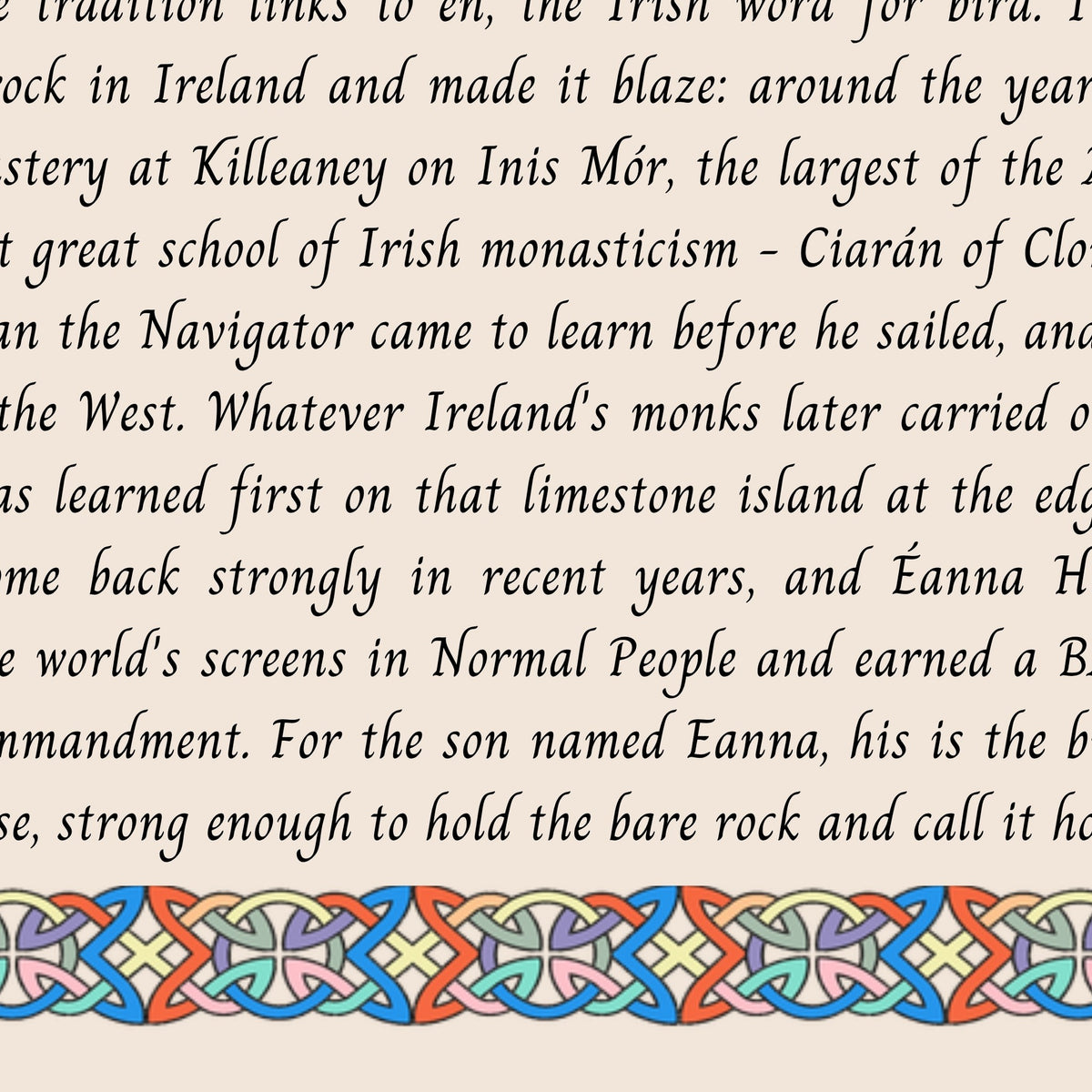 Closeup of the story text and Celtic knotwork border on the Eanna name print