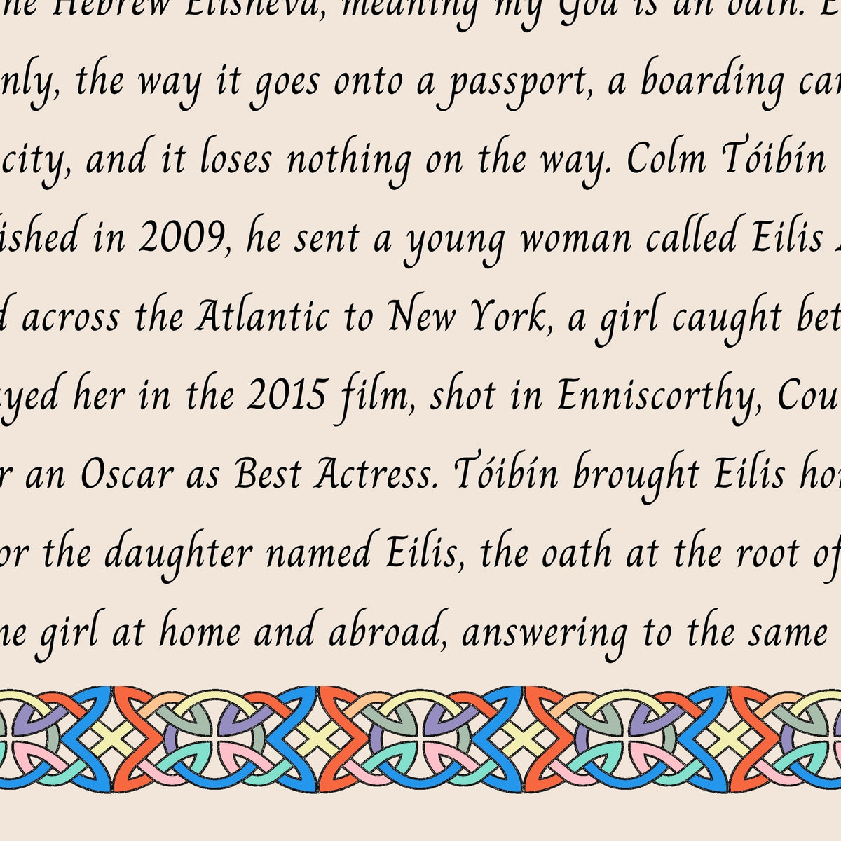 Closeup of the story text and Celtic knotwork border on the Eilis name print