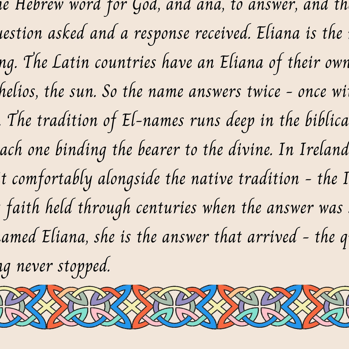 Closeup of the story text and Celtic knotwork border on the Eliana name print
