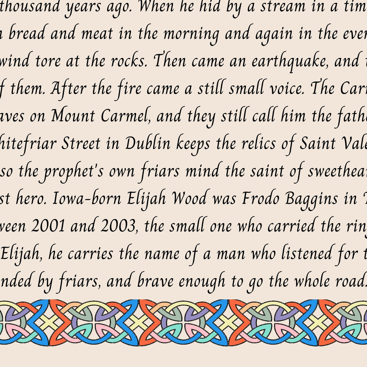 Closeup of the story text and Celtic knotwork border on the Elijah name print