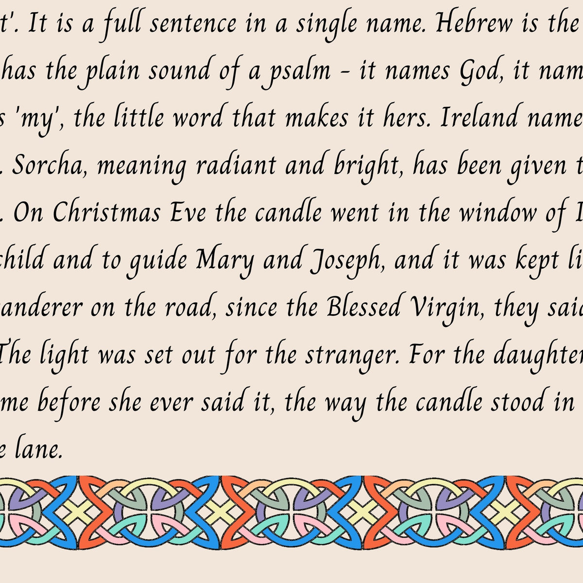 Closeup of the story text and Celtic knotwork border on the Eliora name print