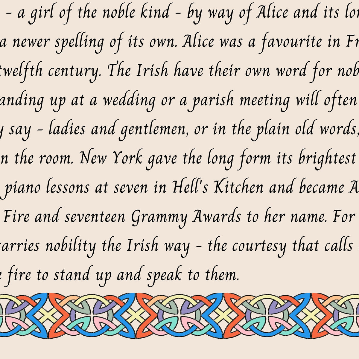 Closeup of the story text and Celtic knotwork border on the Elisha name print