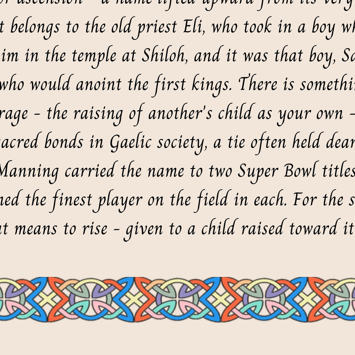 Closeup of the story text and Celtic knotwork border on the Elly name print