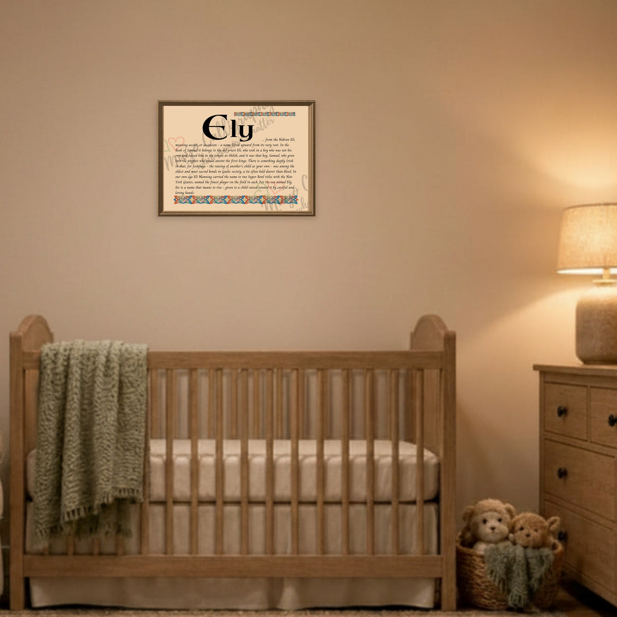 Ely Celtic name print framed above a cot in a warm nursery