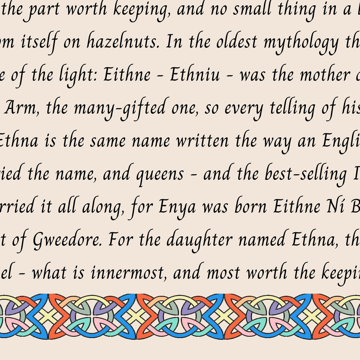 Closeup of the story text and Celtic knotwork border on the Ethna name print