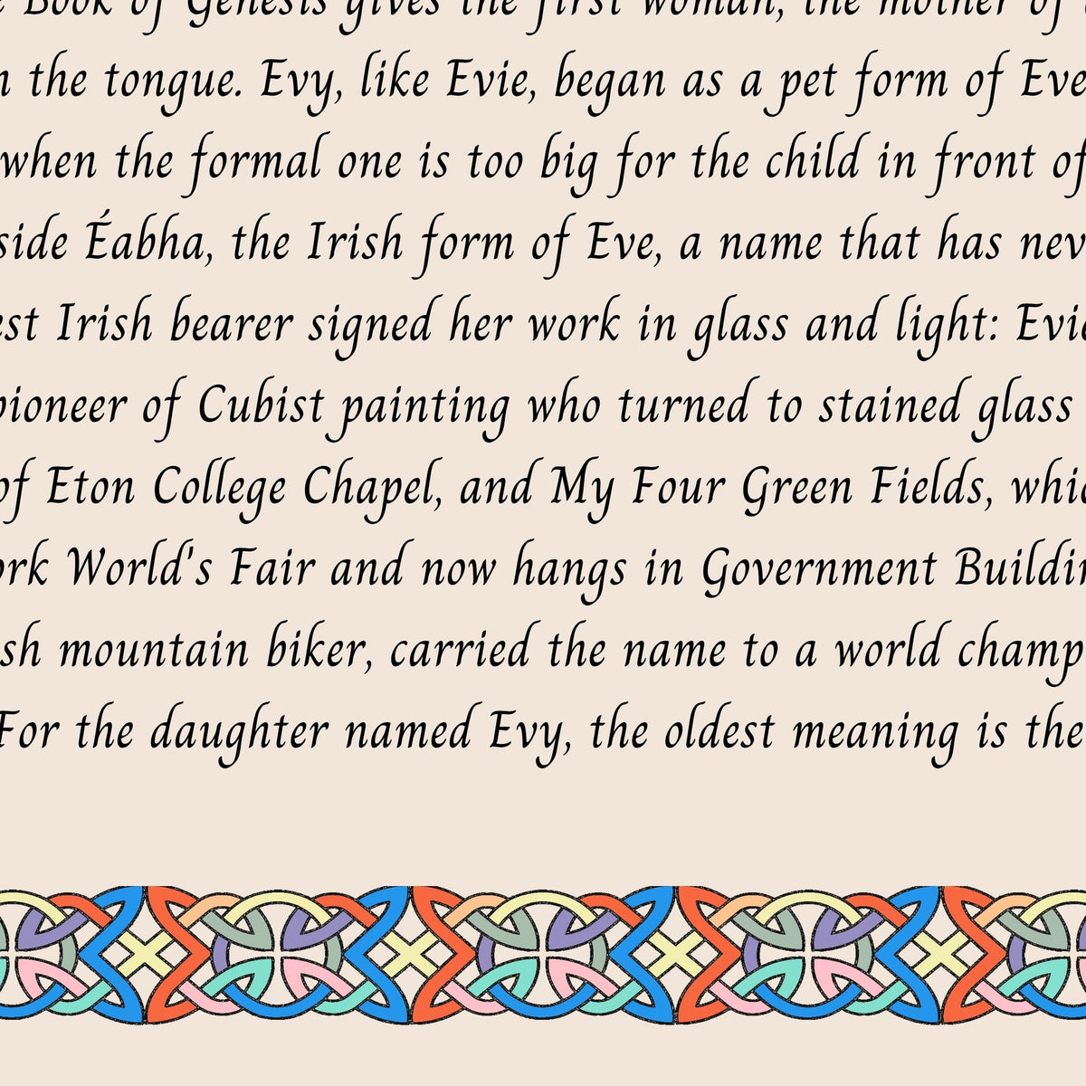 Closeup of the story text and Celtic knotwork border on the Evy name print